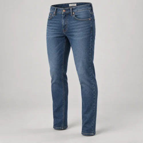 Attirings Men’s Slim Fit Cotton Denim Jeans in medium indigo, three-quarter view
