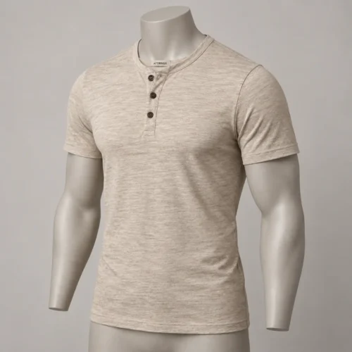 Attirings men's slim fit oatmeal heather Henley T-shirt three-quarter view