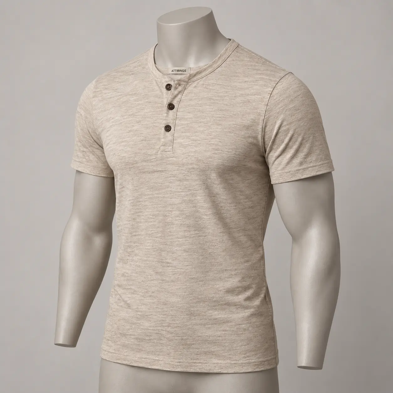 Attirings men's slim fit oatmeal heather Henley T-shirt three-quarter view
