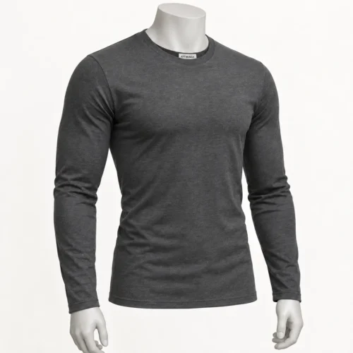 Men's Slim Fit Long Sleeve T-Shirt in charcoal grey by Attirings, three-quarter view