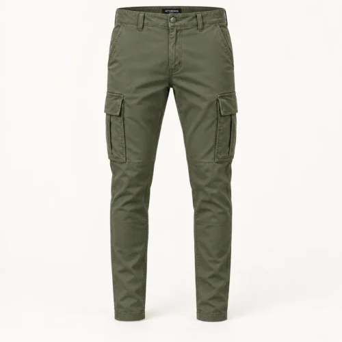 Men's Slim Fit Multi-Pocket Cargo Pants in olive green front view by Attirings