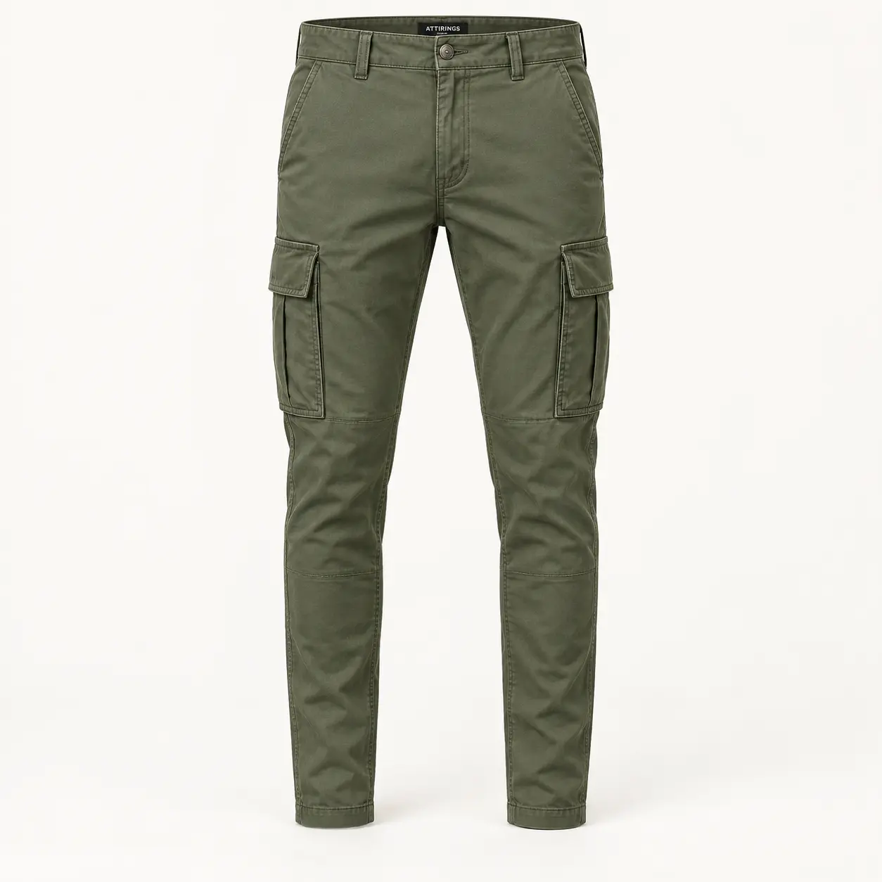 Men's Slim Fit Multi-Pocket Cargo Pants in olive green front view by Attirings