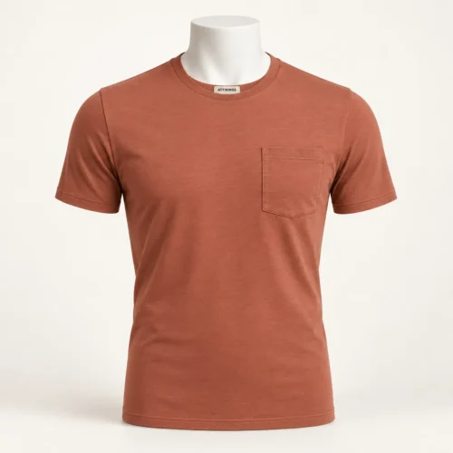 Men's Slim Fit Pocket T-Shirt in muted clay terracotta by Attirings, front view