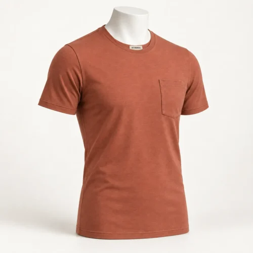 Men's Slim Fit Pocket T-Shirt in muted clay terracotta by Attirings, three-quarter view