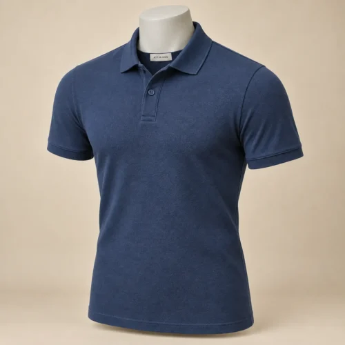 Attirings men's slim fit dusty navy polo collar T-shirt three-quarter view