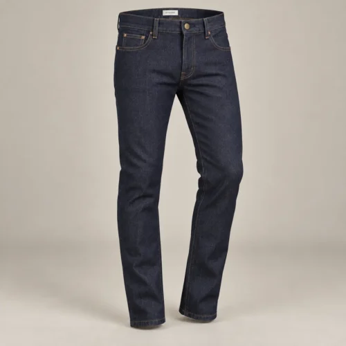 Attirings Men’s Slim Fit Rigid Denim Jeans in raw indigo, three-quarter view