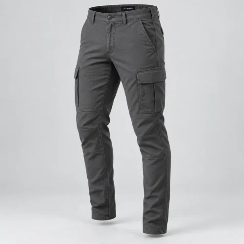 Men's Slim Fit Ripstop Cargo Pants in charcoal grey three-quarter view by Attirings