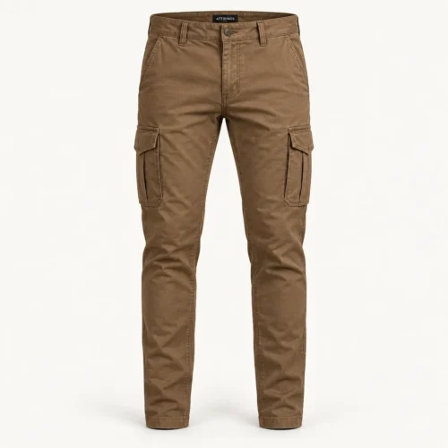 Men's Slim Fit Six-Pocket Cargo Pants in tobacco brown front view by Attirings