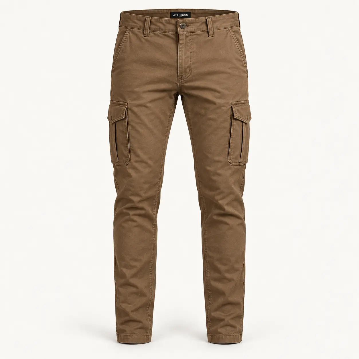 Men's Slim Fit Six-Pocket Cargo Pants in tobacco brown front view by Attirings