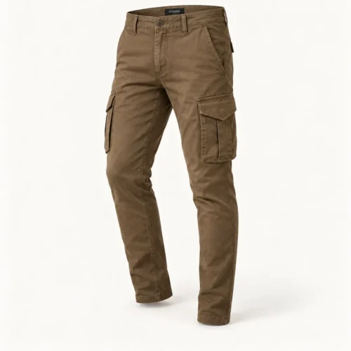 Men's Slim Fit Six-Pocket Cargo Pants in tobacco brown three-quarter view by Attirings