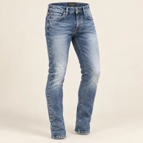 Men's Slim Fit Stone Wash Jeans in blue grey by Attirings, three-quarter view
