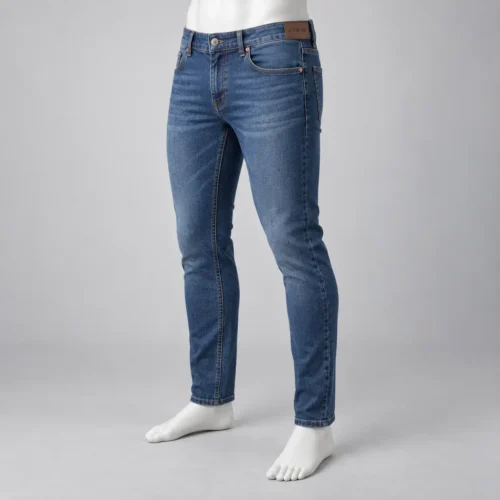 Men's Slim Fit Stretch Denim Jeans in medium indigo by Attirings, three-quarter view