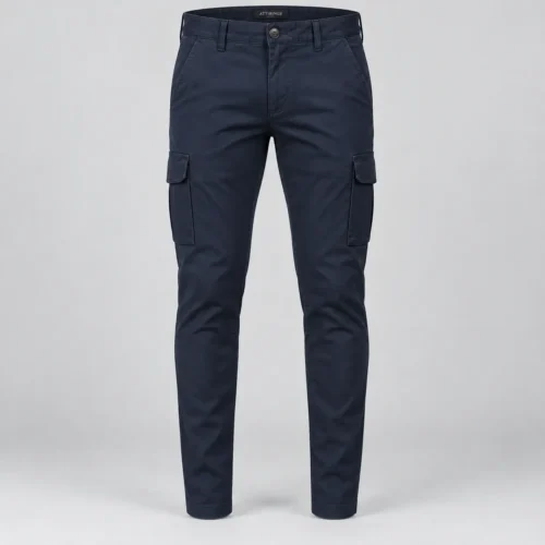 Men's Slim Fit Tapered Leg Cargo Pants in deep navy front view by Attirings