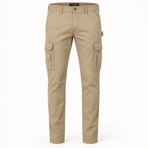 Men's Slim Fit Utility Style Cargo Pants in sand khaki front view by Attirings