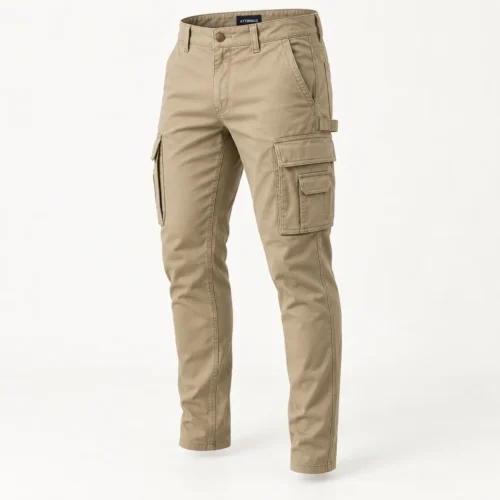 Men's Slim Fit Utility Style Cargo Pants in sand khaki three-quarter view by Attirings