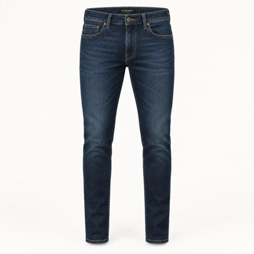 Men's Slim Tapered Denim Jeans in petrol indigo by Attirings, front view