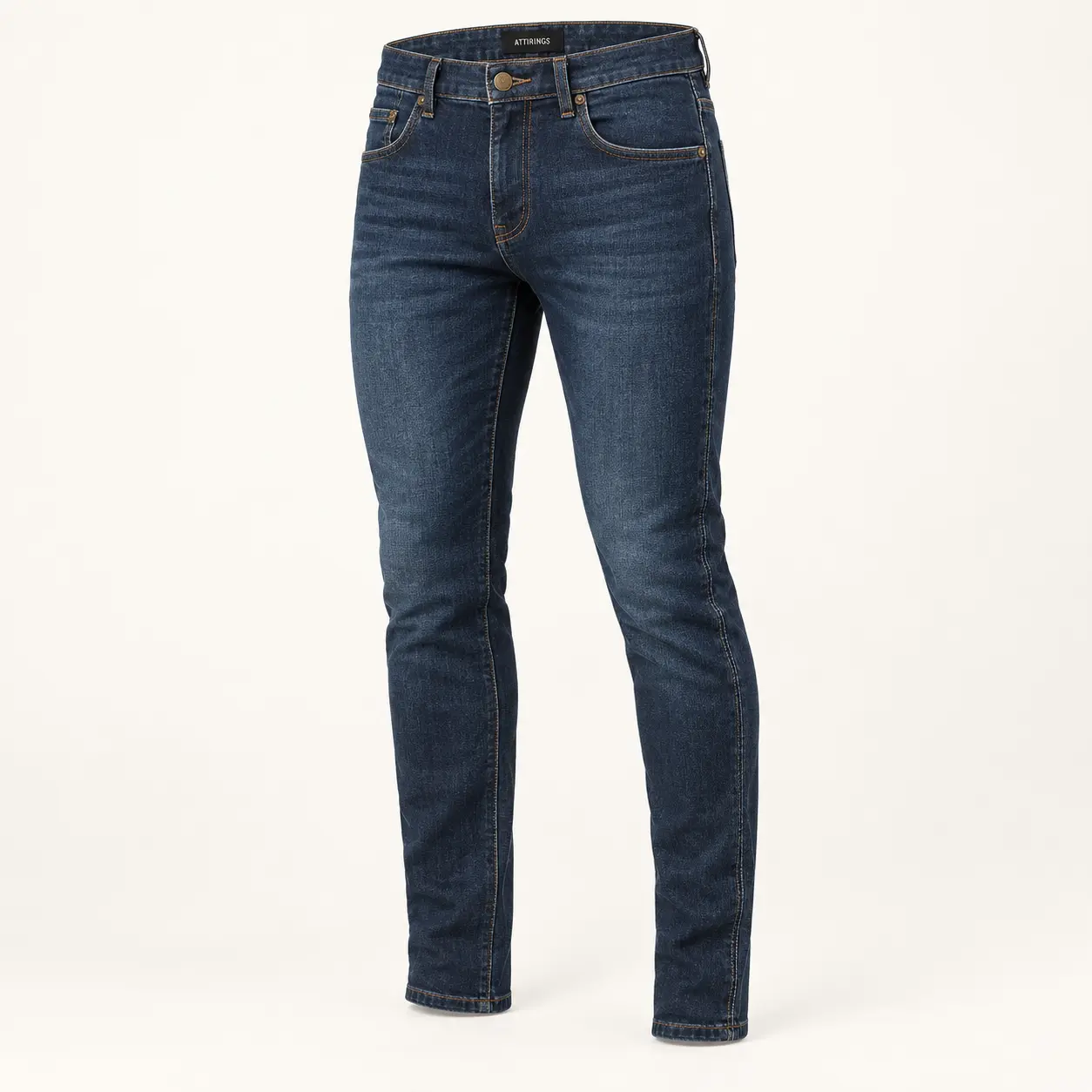 Men's Slim Tapered Denim Jeans in petrol indigo by Attirings, three-quarter view