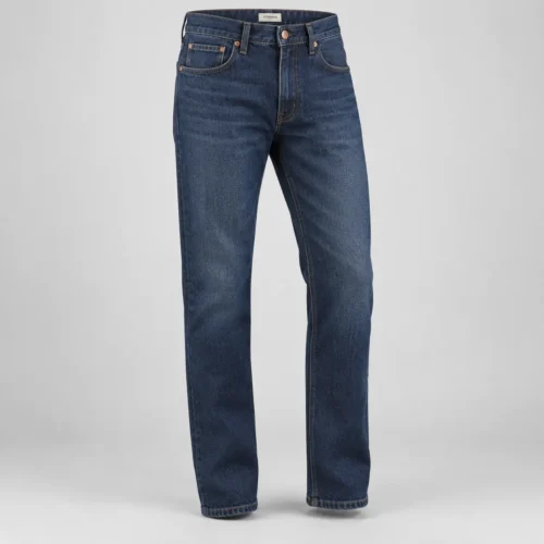 Attirings Men’s Straight Fit Indigo Denim Jeans in medium indigo, three-quarter view