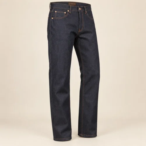 Men's Straight Fit Raw Denim Jeans in midnight indigo by Attirings, three-quarter view