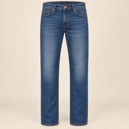 Men's Straight Fit Stretch Denim Jeans in medium indigo by Attirings, front view