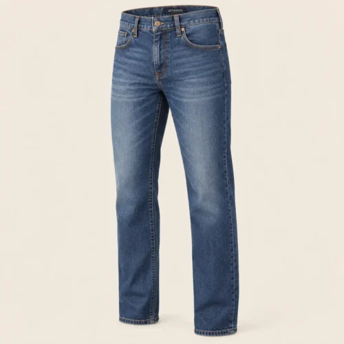 Men's Straight Fit Stretch Denim Jeans in medium indigo by Attirings, three-quarter view