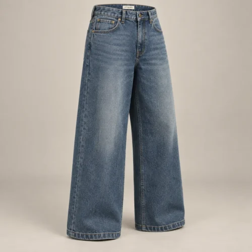 Attirings Men’s Wide Leg Denim Jeans in dusty indigo, three-quarter view