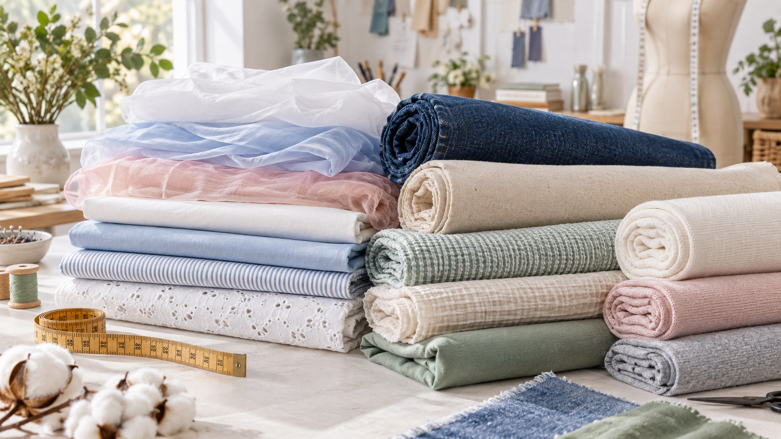 Different cotton fabric types for clothing and sewing