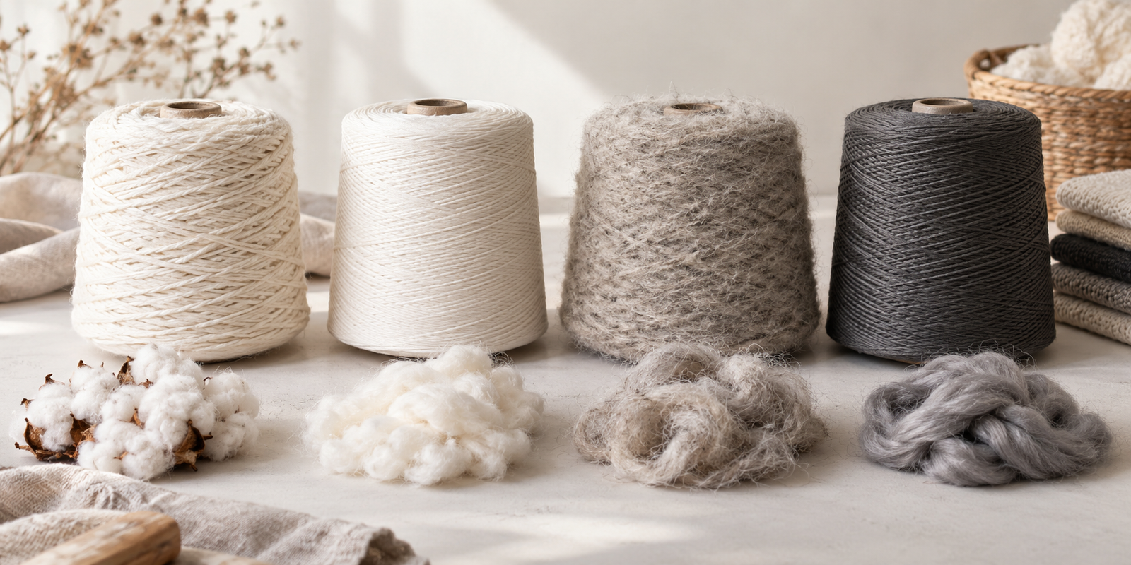 Carded, combed, woollen and worsted yarn samples