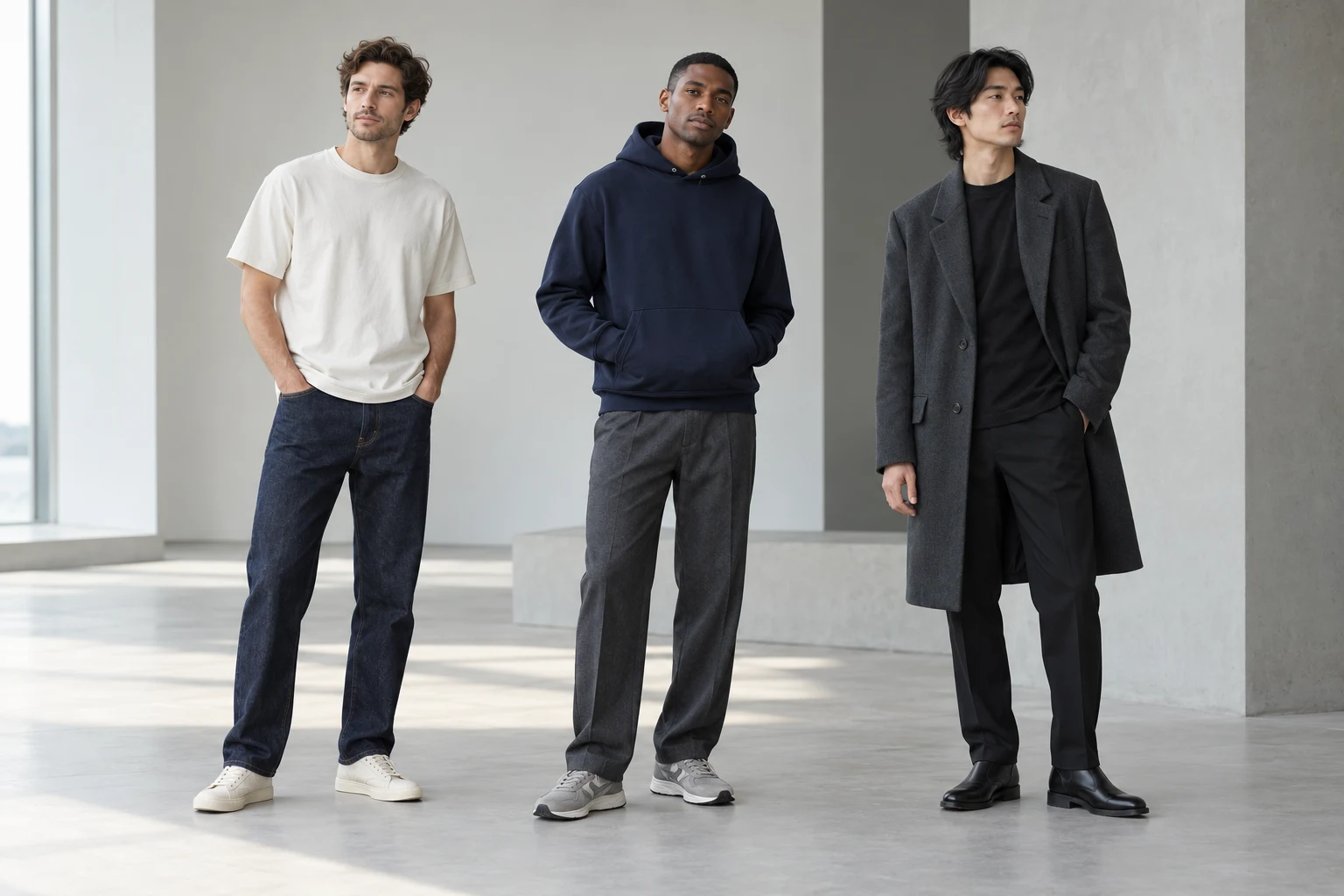 Three men wearing neutral casual and smart casual outfits with sneakers and boots