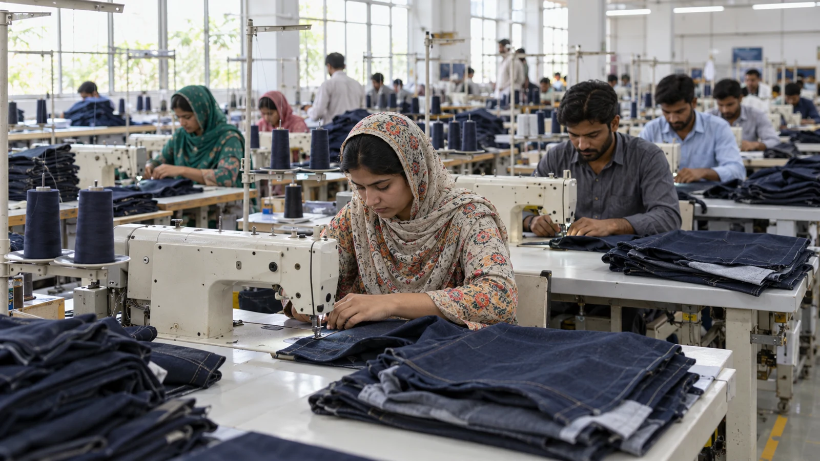 Illustrative garment production floor Illustrative garment production floor with sewing machines and fabric