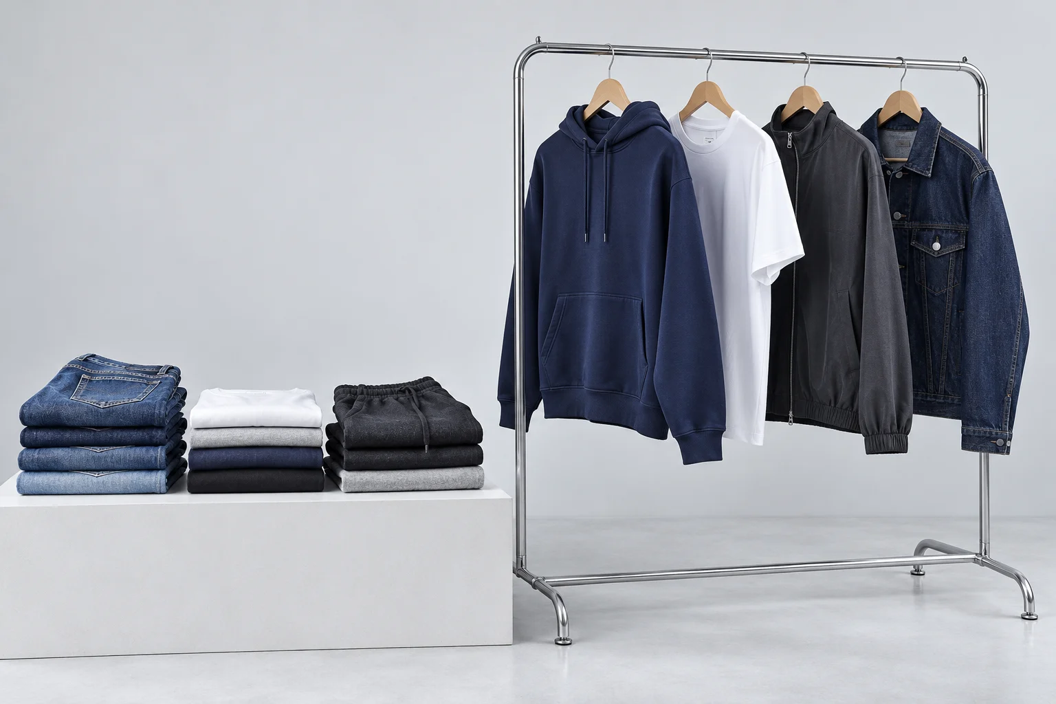 Wholesale apparel collection Attirings apparel collection on a studio clothing rail