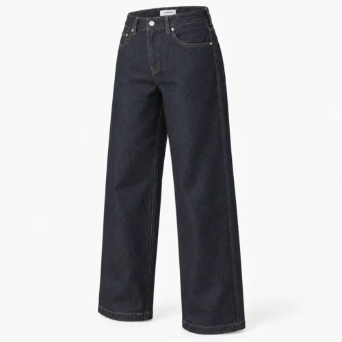 Attirings women's relaxed fit raw denim jeans in deep indigo - three-quarter view