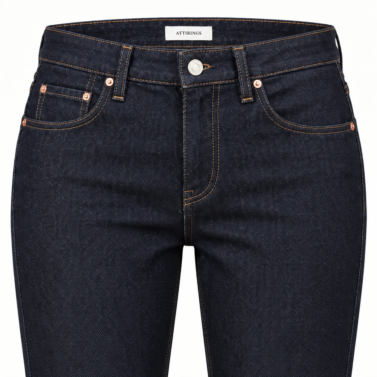 Attirings women's slim fit raw denim jeans in deep indigo - detail view