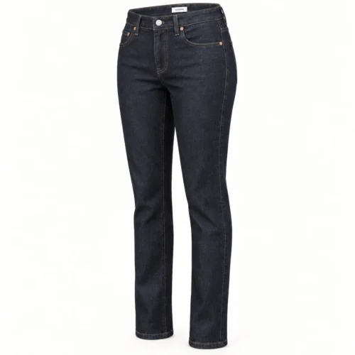 Attirings women's slim fit raw denim jeans in deep indigo - three-quarter view