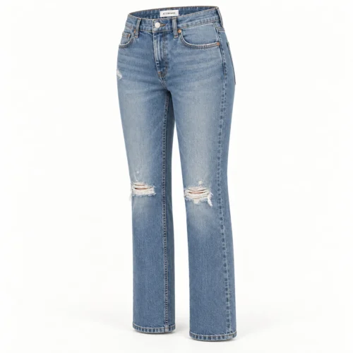 Attirings women's straight fit distressed jeans in stone blue - three-quarter view