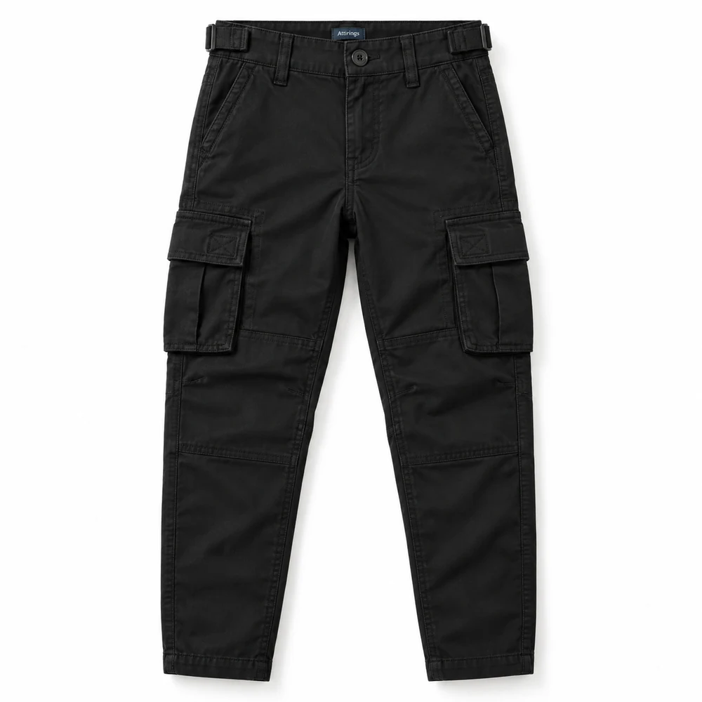 Black Boys' Regular Fit Six-Pocket Cargo Pants - front design visualization