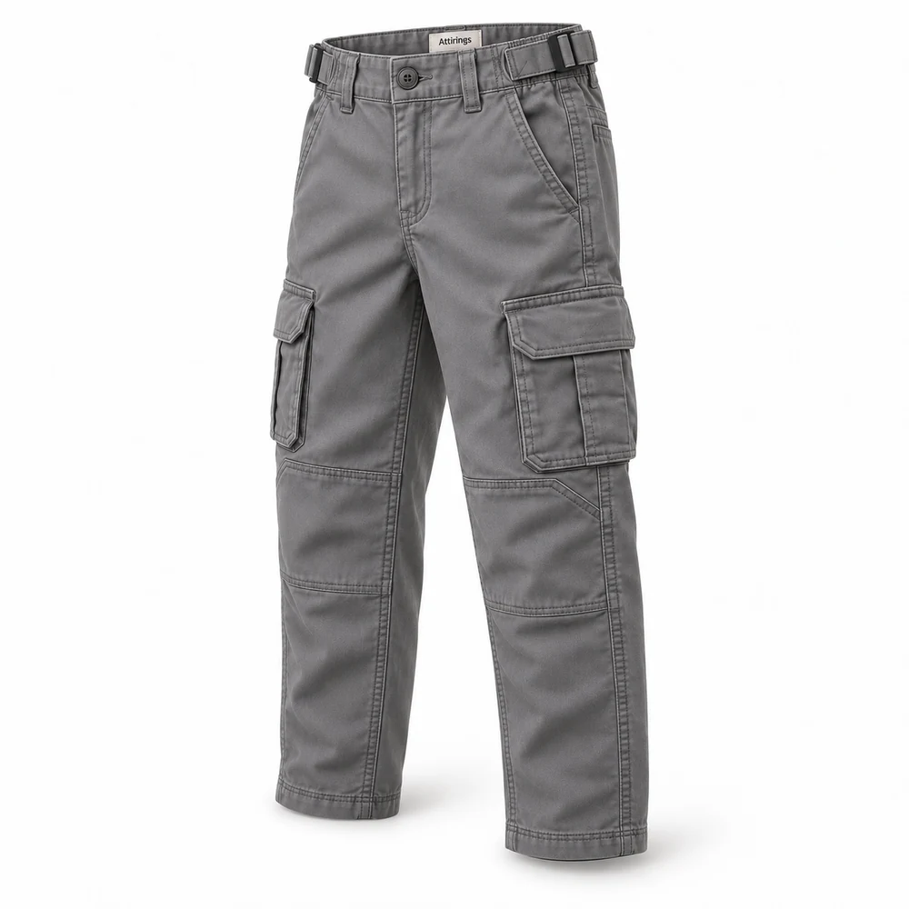 Grey Boys' Classic Fit Reinforced Knee Cargo Pants - side design visualization
