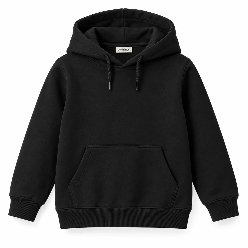 Black Kids' Regular Fit Drawstring Hood Hoodie - front design visualization