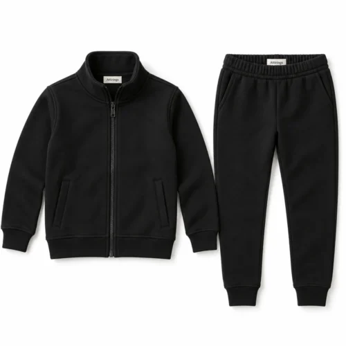 Black Kids' Slim Fit Zip-Up Jacket Set Tracksuit - front design visualization