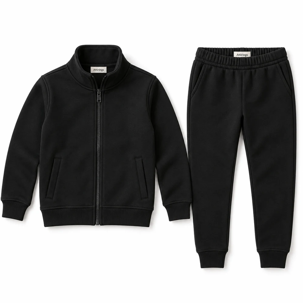 Black Kids' Slim Fit Zip-Up Jacket Set Tracksuit - front design visualization