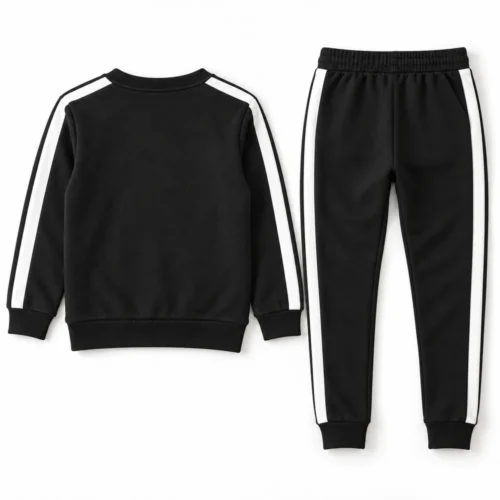 Black Kids' Slim Fit Side-Stripe Set Tracksuit - back design visualization