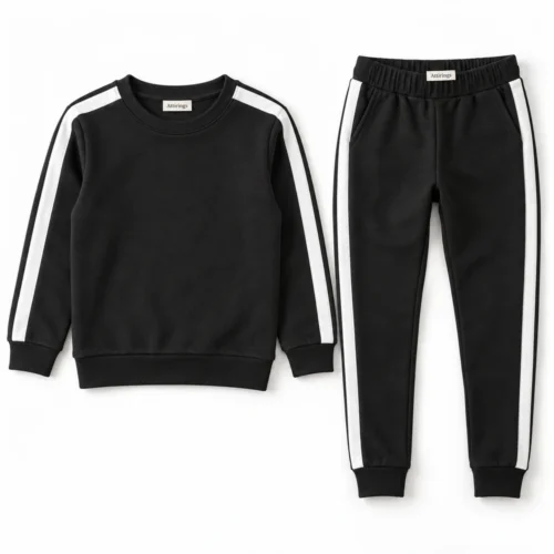 Black Kids' Slim Fit Side-Stripe Set Tracksuit - front design visualization