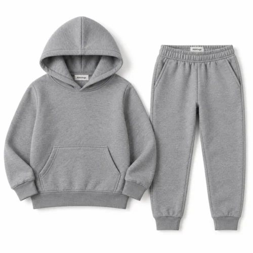 Grey Kids' Regular Fit Hooded Two-Piece Set Tracksuit - front design visualization