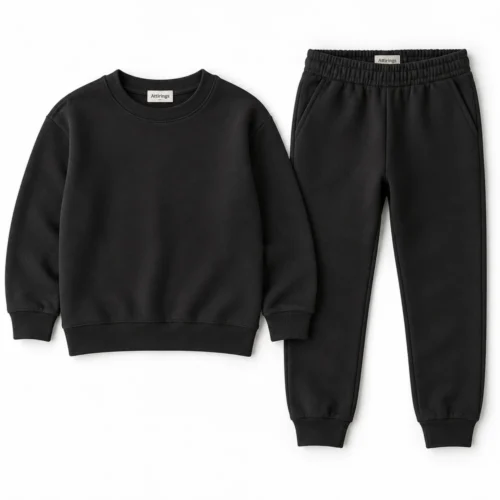 Black Kids' Regular Fit Ribbed Cuff Set Tracksuit - front design visualization