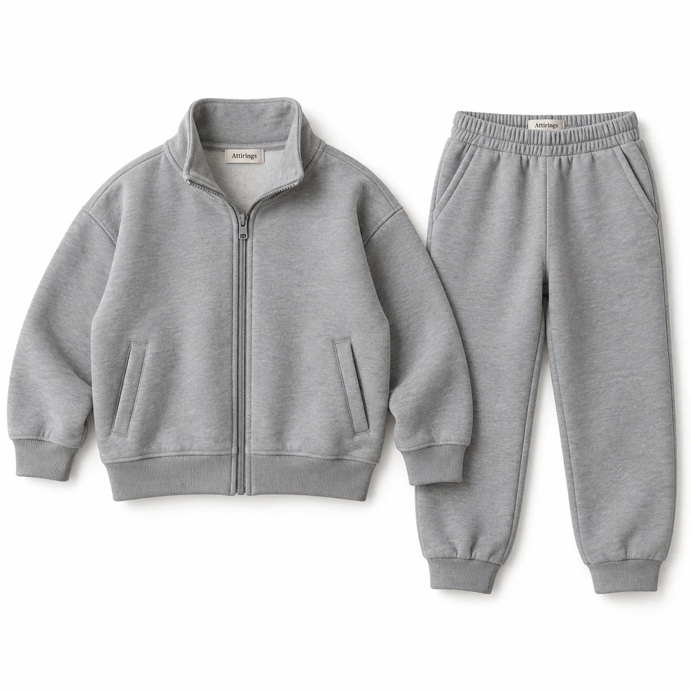 Grey Kids' Relaxed Fit Zip-Up Jacket Set Tracksuit - front design visualization