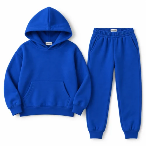 Royal Blue Kids' Relaxed Fit Hooded Two-Piece Set Tracksuit - front design visualization