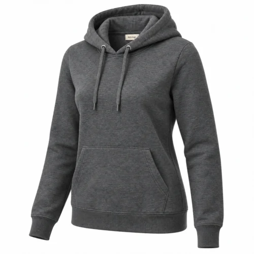 Women's Classic Fit Drawstring Hood Hoodie in charcoal, three-quarter view, AI-generated design sample
