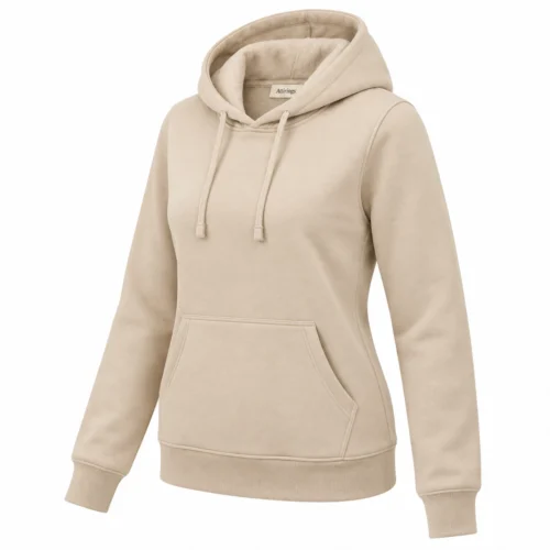 Women's Classic Fit Fleece-Lined Hoodie in beige, three-quarter view, AI-generated design sample