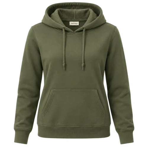 Women's Classic Fit French Terry Hoodie in olive, front view, AI-generated design sample