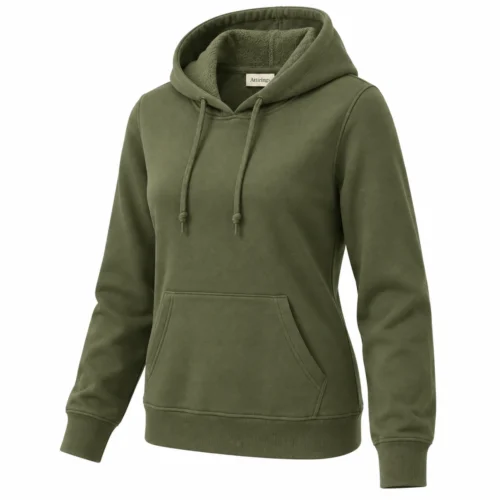 Women's Classic Fit French Terry Hoodie in olive, three-quarter view, AI-generated design sample